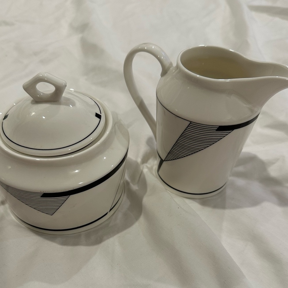 Art Deco Geometric Christopher Stuart Angles Creamer Sugar Bowl Lid Set Vintage